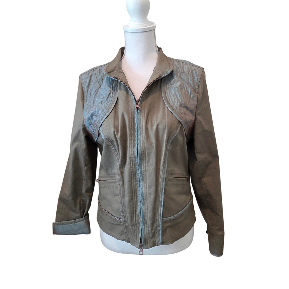 Spanner Womens Olive Green Quilted Embroidered Zip Up Jacket‎  Size 10 Gorpcore
